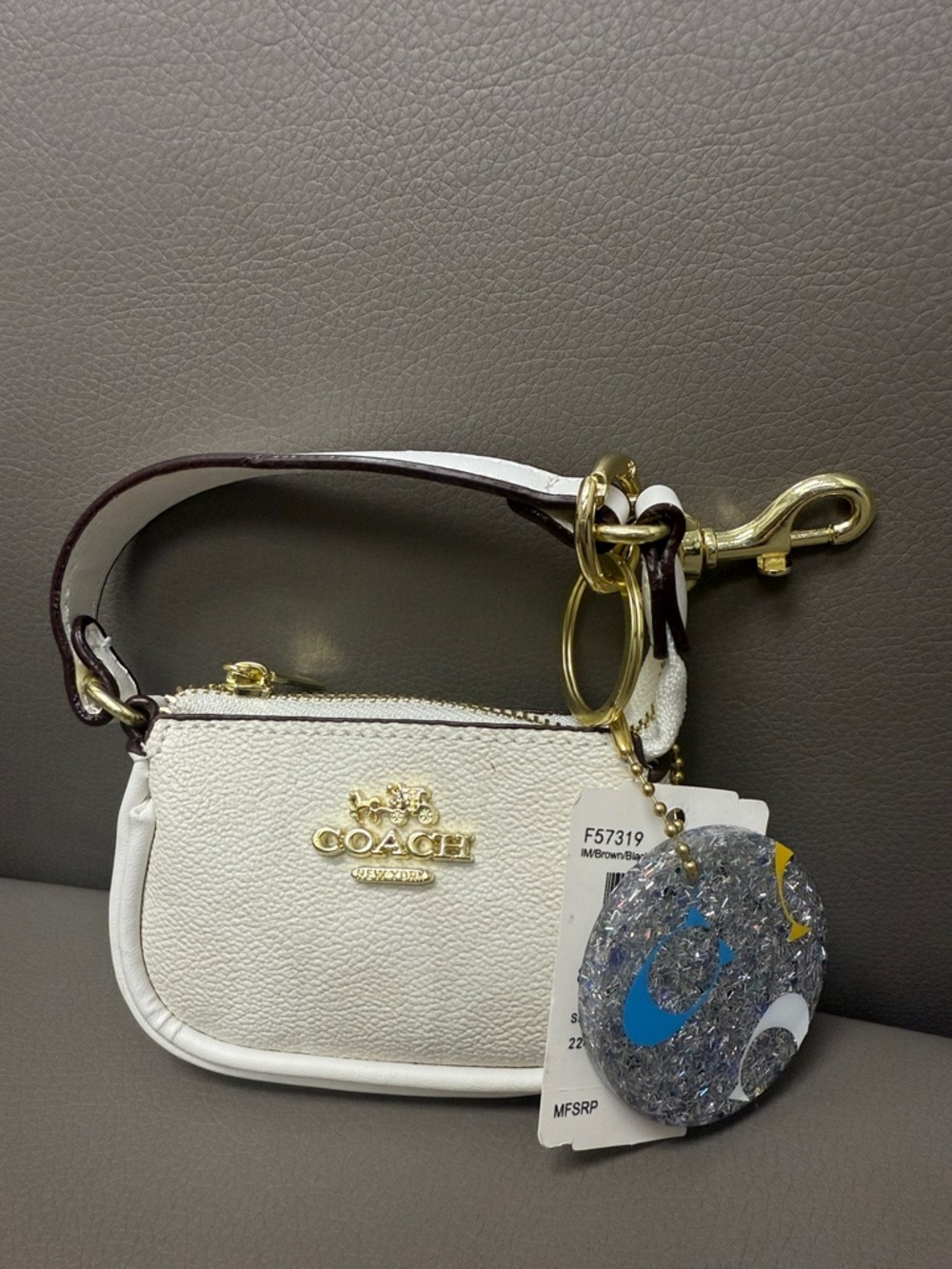 Monogram White Mini Wristlet Keychain with Gold Hardware and Brown Trim